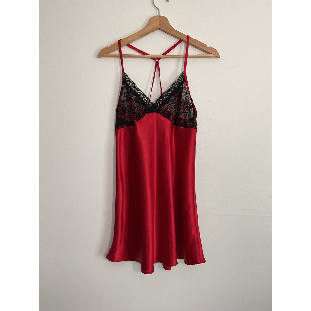 Linea Donatella Red Satin Lace Trim Slip On Chemise Nightgown Strappy Back Large